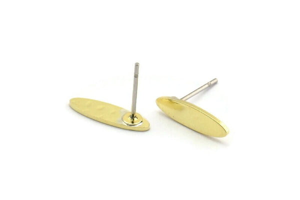 Brass Oval Earring, 12 Hammered Raw Brass Oval Shaped Stud Earrings (14x4x0.80mm) M02812