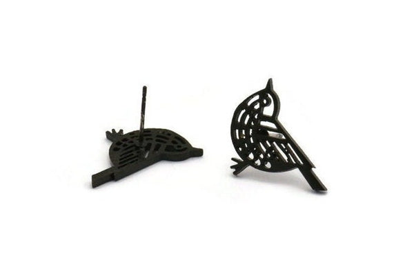 Black Bird Earring, 4 Oxidized Black Plated Brass Bird Stud Earrings (13x20x1.3mm) N1755 Q0482