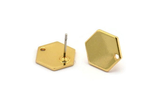 Gold Hexagon Earring, 4 Gold Plated Brass Hexagon Stud Earrings With 1 Hole (11x1mm) D0714 A1940