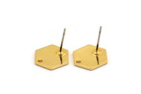 Gold Hexagon Earring, 4 Gold Plated Brass Hexagon Stud Earrings With 1 Hole (11x1mm) D0714 A1940