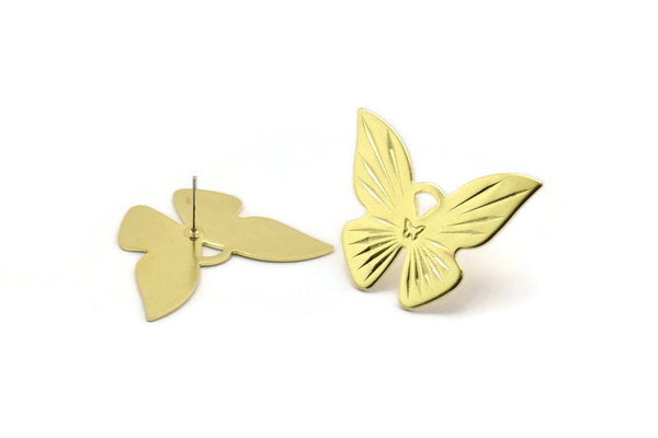 Brass Butterfly Earring, 4 Raw Brass Butterfly Shaped Stud Earrings (34x26x0.80mm) A0422 A6182