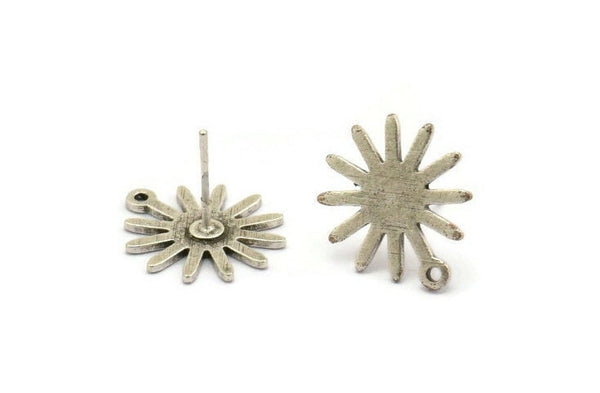 Silver Sun Earring, 6 Textured Antique Silver Plated Brass Sun Stud Earrings With 1 Loop (17x15x0.80mm) M01301 A2393