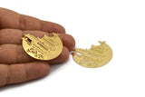 Gold Round Charm, 2 Gold Plated Brass Chinese House Patterned Charms With 1 Loop, Findings, Earrings (40x39x0.30mm) D1429