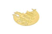 Gold Round Charm, 2 Gold Plated Brass Chinese House Patterned Charms With 1 Loop, Findings, Earrings (40x39x0.30mm) D1429