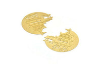 Gold Round Charm, 2 Gold Plated Brass Chinese House Patterned Charms With 1 Loop, Findings, Earrings (40x39x0.30mm) D1429