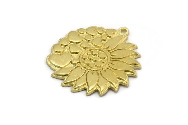 Brass Flower Charm, Raw Brass Flower And Hearts Charm With 1 Loop, Findings (29.5x27x1.5mm) N2257