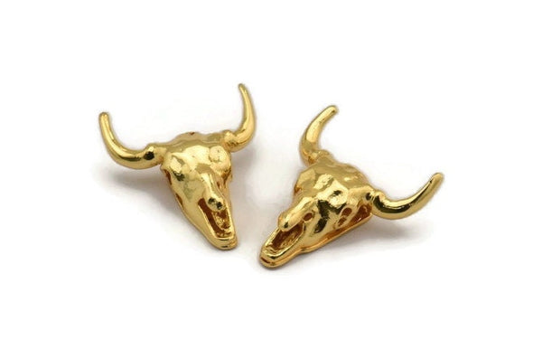 Ox Head Skull Pendant, Gold Plated Brass Ox Head Skull Charm, Pendant (25x26mm) N0150