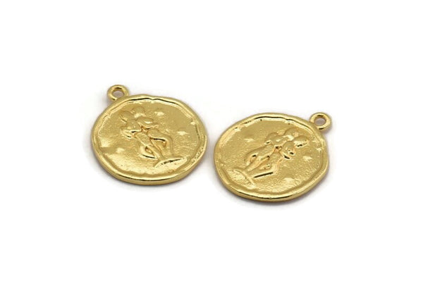 Gold Gemini Charm, 2 Gold Plated Brass Gemini Charms With 1 Loop (17x20mm) F-87