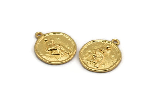 Gold Aquarius Charm, 2 Gold Plated Brass Aquarius Charms With 1 Loop (17x20mm) F-90