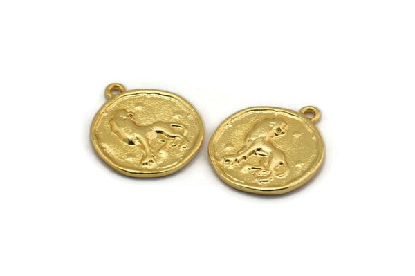 Gold Leo Charm, 2 Gold Plated Brass Leo Charms With 1 Loop (17x20mm) F-94