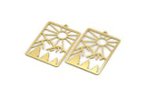 Brass Rectangle Charm, 4 Raw Brass Rising Sun And Mount Patterned Rectangle Shaped Charms With 1 Loop, Findings (42.5x28.5x0.60mm) A6198