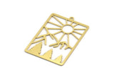 Brass Rectangle Charm, 4 Raw Brass Rising Sun And Mount Patterned Rectangle Shaped Charms With 1 Loop, Findings (42.5x28.5x0.60mm) A6198