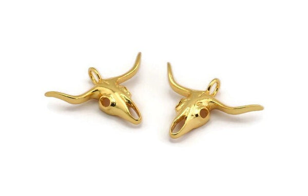 Ox Head Skull Pendant, Gold Plated Brass Ox Head Skull Charm, Pendant (38x29mm) N0151