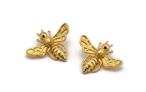 Gold Bee Pendant, 2 Gold Plated Brass Bee Charm With 1 loop, Pendant (21x24mm) E585
