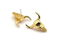 Ox Head Skull Earring, 2 Gold Plated Brass Ox Head Skull Stud Earrings (25x26mm) N0150 A1196