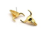 Ox Head Skull Earring, 2 Gold Plated Brass Ox Head Skull Stud Earrings (25x26mm) N0150 A1196