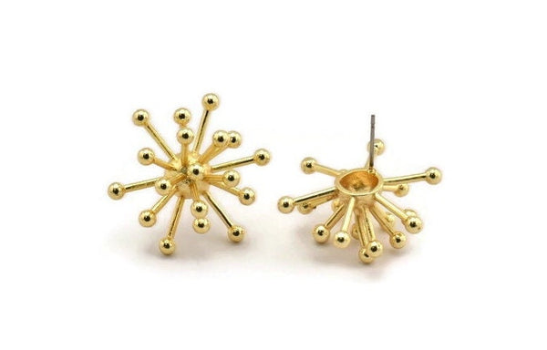 Gold Molecule Earring, 2 Gold Plated Brass Molecule Stud Earrings (28x13mm) D1611