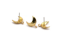 Gold Earring Post, 4 Gold Plated Brass Moon Earring Posts With 1 Loop (14x15mm) BS 2439 H1009