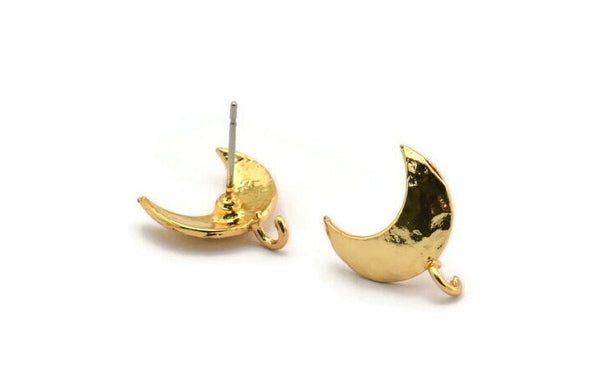 Gold Earring Post, 4 Gold Plated Brass Moon Earring Posts With 1 Loop (14x15mm) BS 2439 H1009