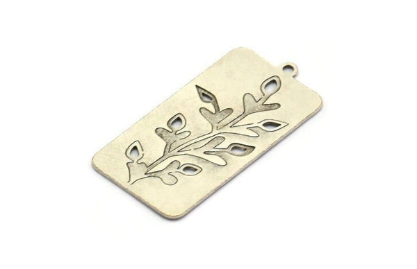 Silver Leaf Charm, 4 Antique Silver Plated Brass Rectangle Leaf Charms With 1 Loop, Charm Pendants (18x34x0.60mm) A4533
