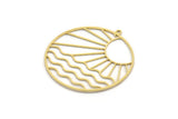 Brass Round Charm, 2 Raw Brass Rising Sun And Wavy Patterned Round Shaped Charms With 1 Loop, Charm Pendants (41x39x0.60mm) A6544