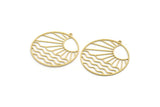 Brass Round Charm, 2 Raw Brass Rising Sun And Wavy Patterned Round Shaped Charms With 1 Loop, Charm Pendants (41x39x0.60mm) A6544