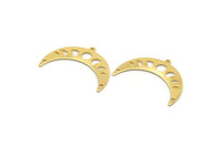 Gold Moon Charm, 2 Gold Plated Brass Moon Phases Charms With 1 Loop And 2 Holes (36x12x0.80mm) M01449