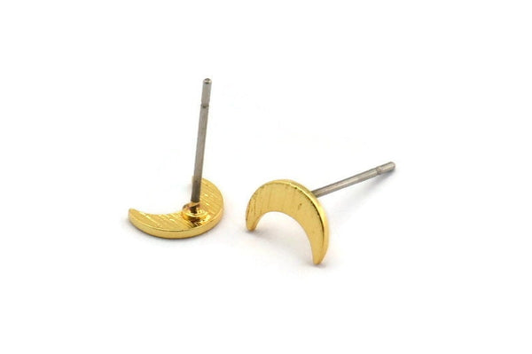 Gold Moon Earring, 12 Textured Gold Plated Brass Tiny Crescent Moon Stud Earrings (8x5x0.80mm) M01823 A2510