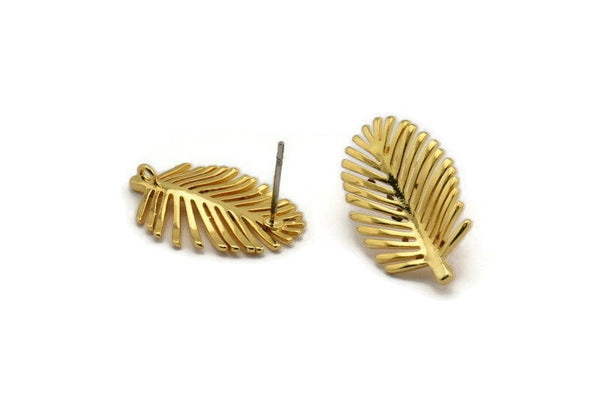 Gold Leaf Earring, 2 Gold Plated Brass Leaf Stud Earrings With 1 Hole, Findings (21x13x1mm) N1207 A1422