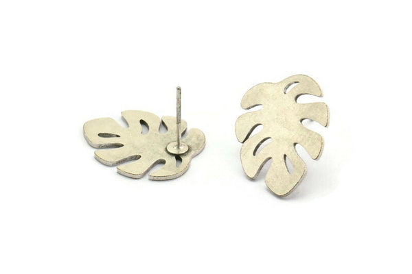 Silver Leaf Earring, 4 Antique Silver Plated Brass Monstera Leaves Shaped Stud Earrings (18x15x0.80mm) A2766 H0159