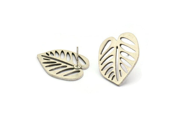 Silver Leaf Earring, 4 Antique Silver Plated Brass Leaf Stud Earrings, Findings (24x19x1mm) A3695 Q0423