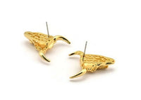 Ox Head Skull Earring, 2 Gold Plated Brass Ox Head Skull Stud Earrings (25x26mm) N0150 A1196