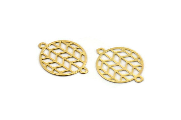 Gold Circle Charm, 24 Gold Plated Brass Circle Connectors With 2 Loops, Findings (12x16x0.30mm) F108