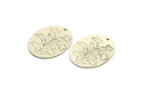 Silver Flower Charm, 2 Antique Silver Plated Brass Flower Patterned Oval Shaped Charms With 1 Hole, Findings (35x27.5x0.60mm) A4531