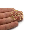 Brass Round Charm, 2 Raw Brass Rising Sun And Wavy Patterned Round Shaped Charms With 1 Loop, Charm Pendants (41x39x0.60mm) A6544
