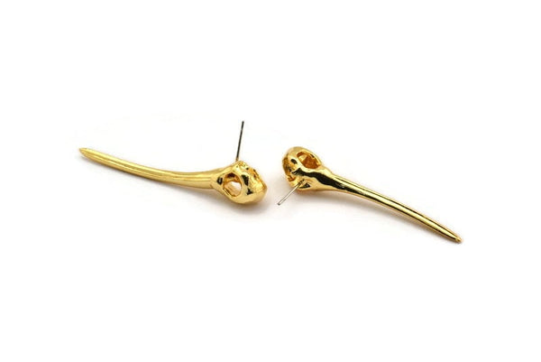 Bird Skull Earring, 2 Gold Plated Brass Bird Skull Stud Earrings (52x10mm) N0494 A1212