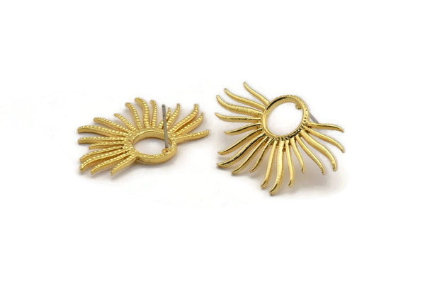 Gold Sun Earring, 2 Gold Plated Brass Sun Stud Earrings (33x20mm) N0782 A2152