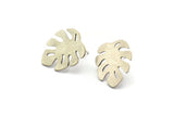Silver Leaf Earring, 4 Antique Silver Plated Brass Monstera Leaves Shaped Stud Earrings (18x15x0.80mm) A2766 H0159