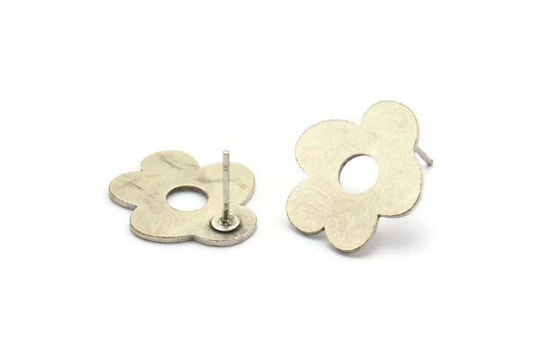 Silver Flower Earring, 4 Antique Silver Plated Brass Flower Shaped Stud Earrings (18x16x0.80mm) A2676 Q0478