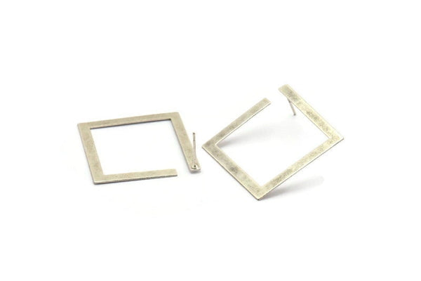 Silver Square Earring, 2 Antique Silver Plated Brass Square Earring Posts, Pendants, Findings (30x30x3x0.5mm) E326