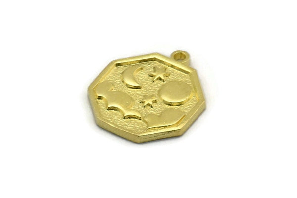 Brass Octagon Charm, 4 Raw Brass Octagon Charms With 1 Loop, Cloud Findings, Moon And Star Findings (19x16x1.5mm) N2332