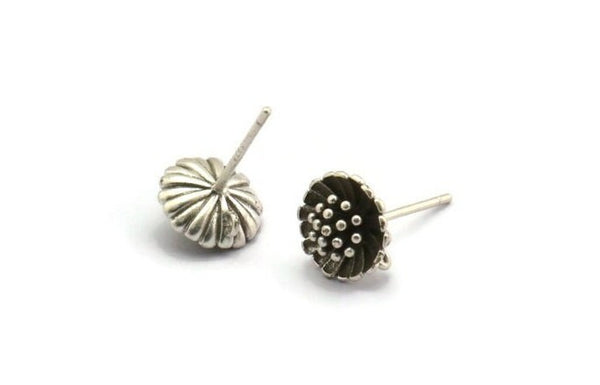 Silver Flower Earring, 4 Antique Silver Plated Brass Flower Stud Earrings With 1 Loop (9mm) N1931