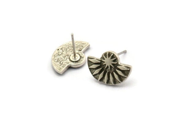 Silver Semi Circle Earring, 2 Antique Silver Plated Brass Semi Circle Stud Earrings (14x10x2mm) N1914