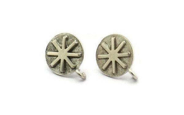 Silver Round Earring, 4 Antique Silver Plated Brass Round Shaped Stud Earrings With 1 Loop (16x13x1.5mm) N1910