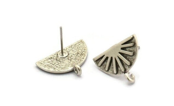Silver Earring Posts, 4 Antique Silver Plated Brass Semi Circle Sun Shaped Earrings Stud With 1 Loop, Half Moon Studs (13x17x1.5mm) N1907