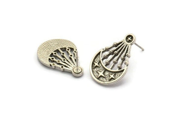 Earring Studs, 2 Antique Silver Plated Brass - Geometric Stud Earrings - Silver Earrings - Earrings (24x16mm) N1983