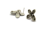 Silver Flower Earring, 2 Antique Silver Plated Brass Flower Stud Earrings With 1 Loop (21x19mm) N1927
