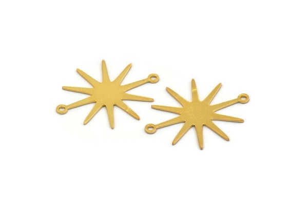 Gold Sun Charm, 6 Gold Plated Brass Sun Charms With 2 Loops, Connectors (28x23x0.60mm) A3664 H0857