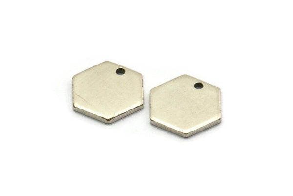 Silver Hexagon Charm, 12 Antique Silver Plated Brass Hexagon Stamping Blanks With 1 Hole, (10x1mm) D0737