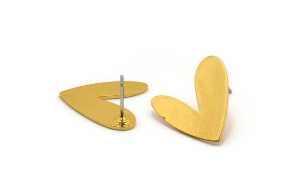 Gold Heart Earring, 4 Gold Plated Brass Heart Shaped Stud Earrings (18x17x0.80mm) A2717 H0231
